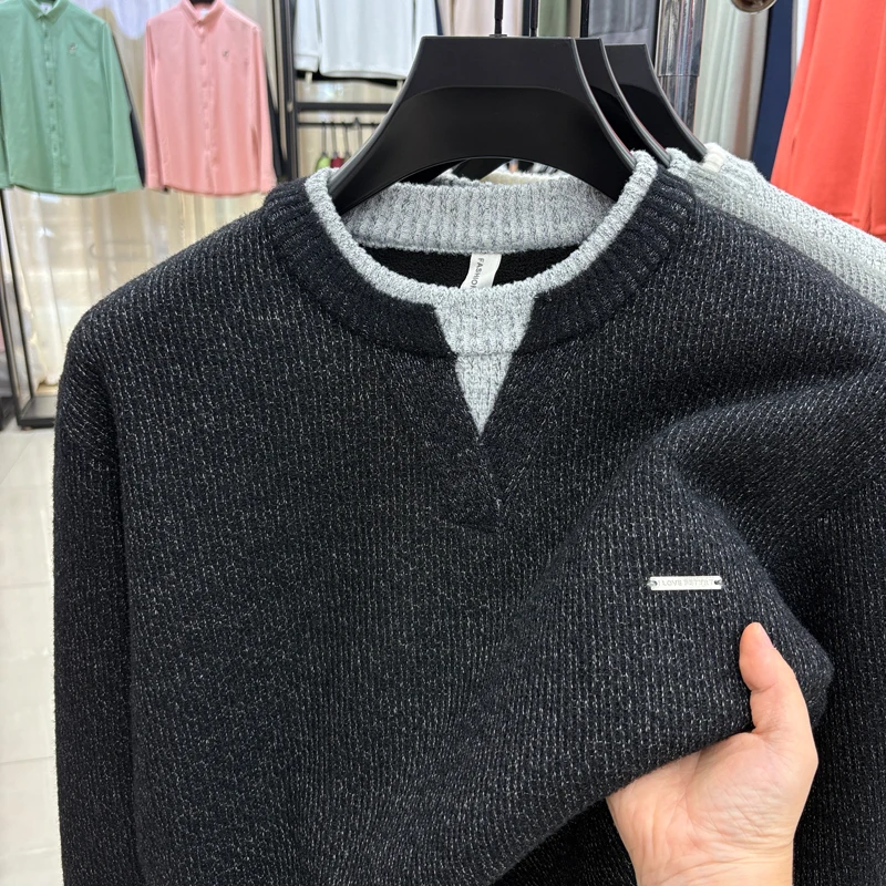 men's autumn winter high quality fleece-lined knit long sleeves pullover round neck keep warm sweater leisure trend men clothing