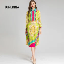 JUNLINNA Vintage Striped Printing Women Two Piece Set Turn-down Collar Shirt+Pleated Skirts Runway Wear