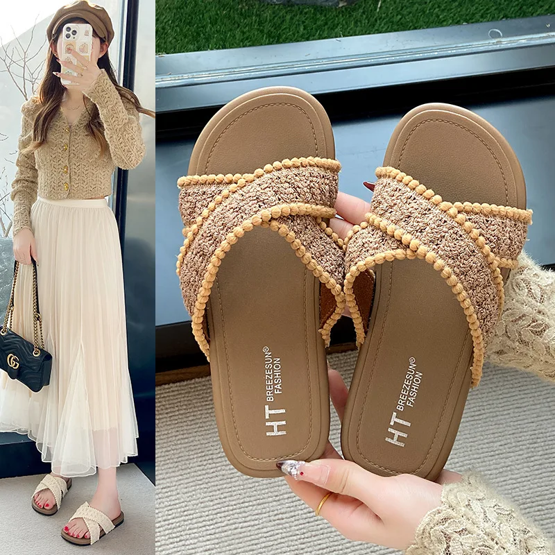 

Women's Summer Slippers Flat Cross Slippers Soft Sole Anti-slip Wear-resistant Flip-flops Lazy Slip-on Beach Shoes Cool Slippers