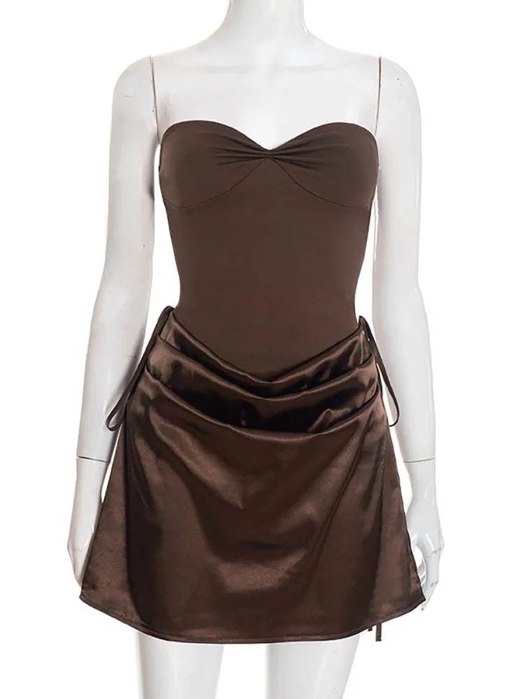 Fantoye Sexy Strapless Satin Patchwork Women Mini Derss Backless Drawstring Ruched Bodycon Dresses Winter Elegant Party Clubwear