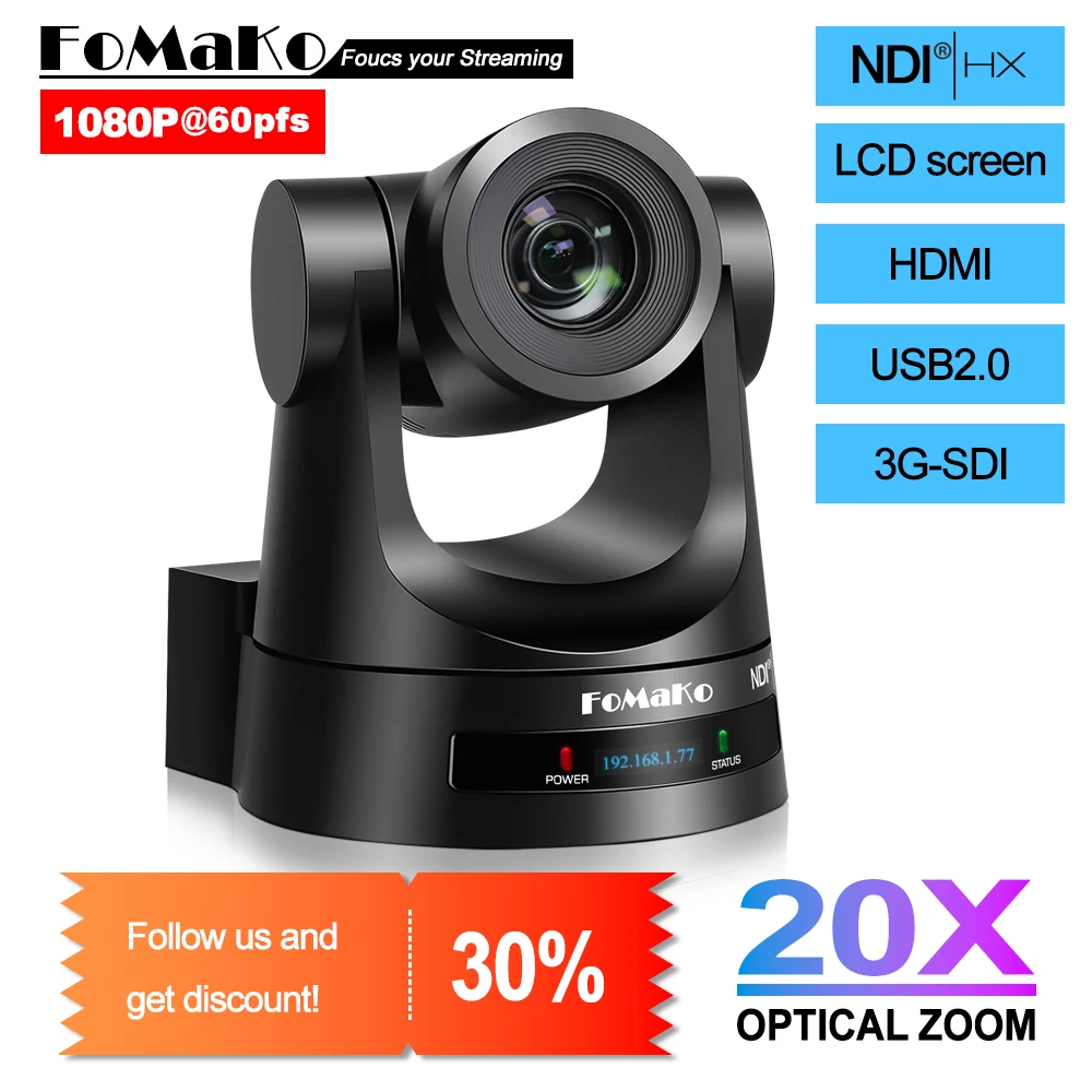 FoMaKo NDI Camera 20/30X Optical Zoom NDI PTZ Camera HDMI 3G-SDI IP Live Streaming PTZ Camera for Church Worship Education Event