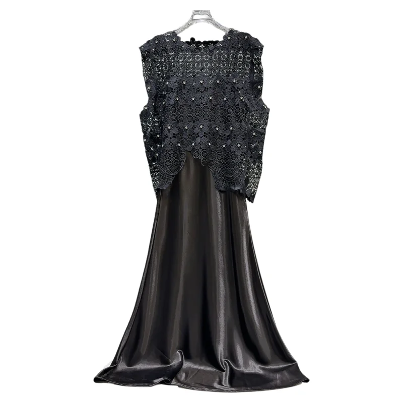 Conjunto de Vestido e Colete com Renda de Diamante Vazada da Moda Verão 2025 para Mulheres, Vestido de Manga Longa com Gola R...