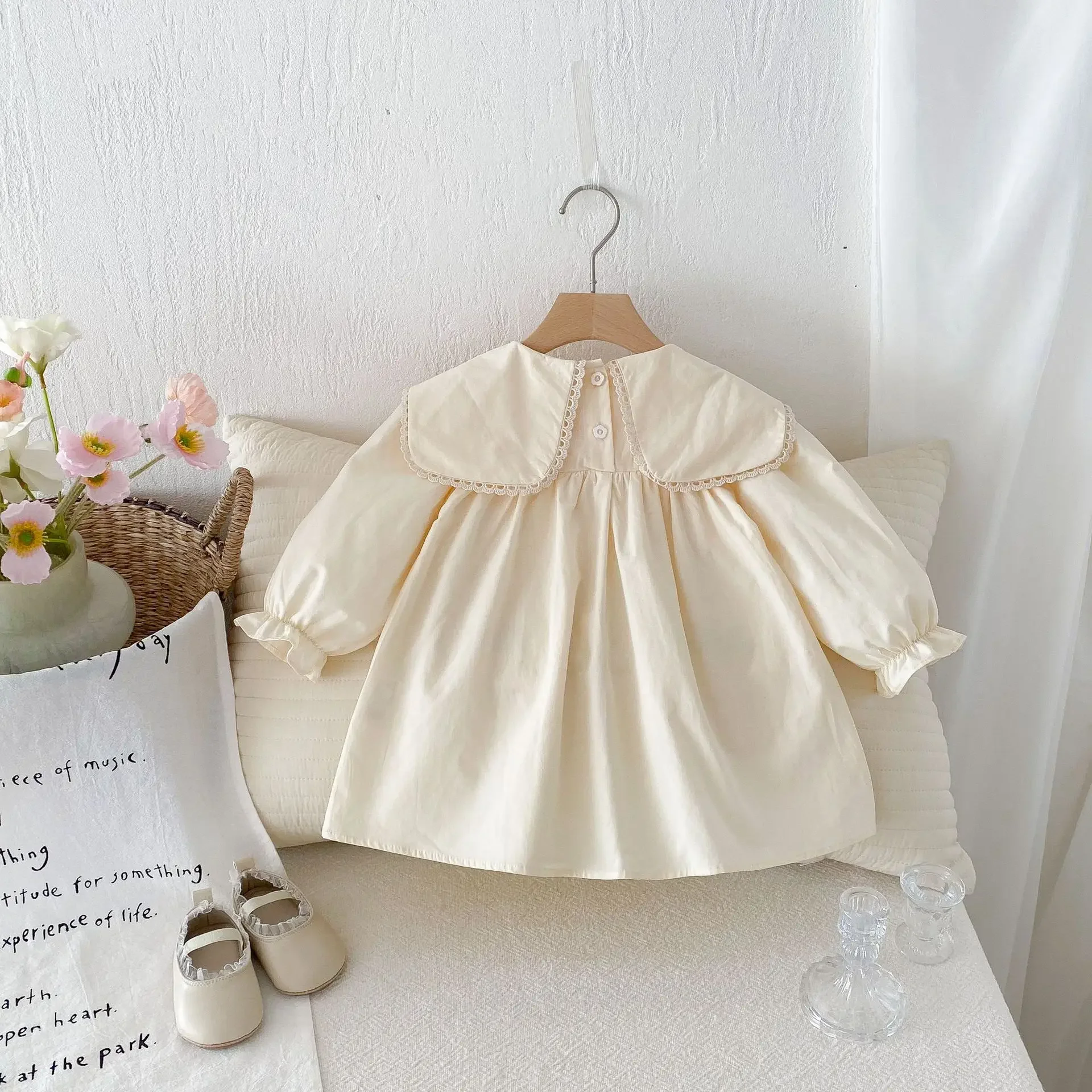 

Embroidery Rabbit Pattern Long Sleeve A-line Cotton Vestidos 1-6Y Chidlren Versatile Casual Dresses 2025 Spring New Girls Dress