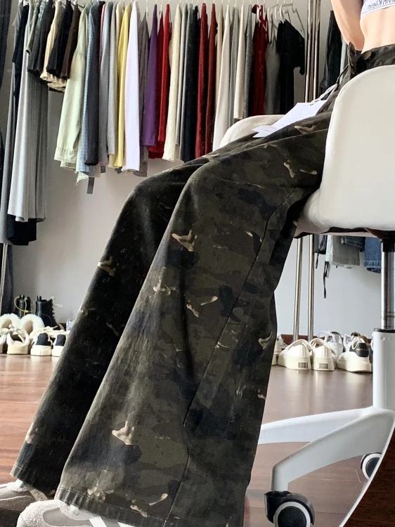 

Новые женские джинсы-клеш в американском стиле, камуфляжные, больших размеров, прямые, с высокой талией, удлиненные, до пола