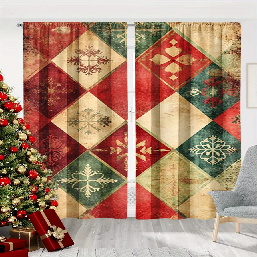 2PCS Christmas Winter Curtains, Plaid Patchwork Snowflake Vintage Pattern, Digital Print, Bedroom Living Room, Home Decor