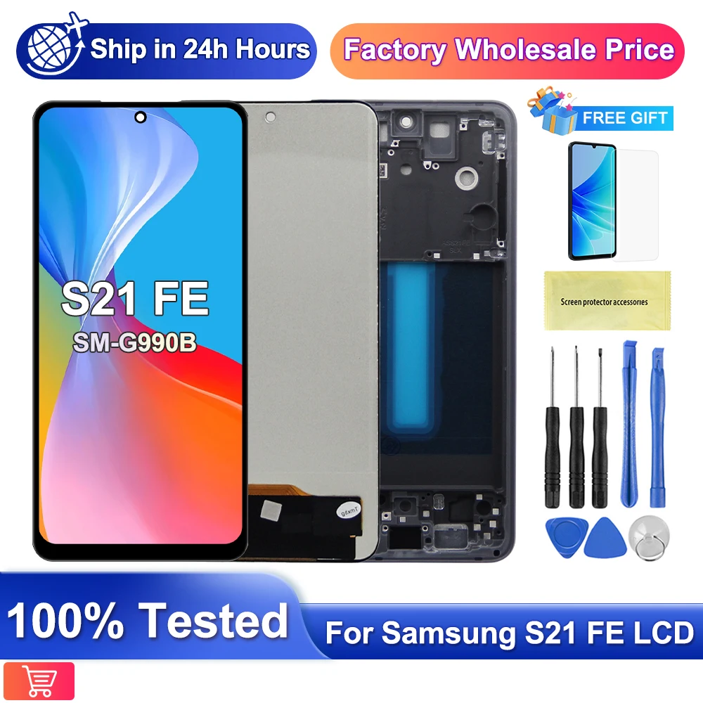 AMOLED For Samsung Galaxy S21 FE 5G G990B LCD Display Touch Screen Digitizer Assembly For Samsung S21Fe Replacement with Frame