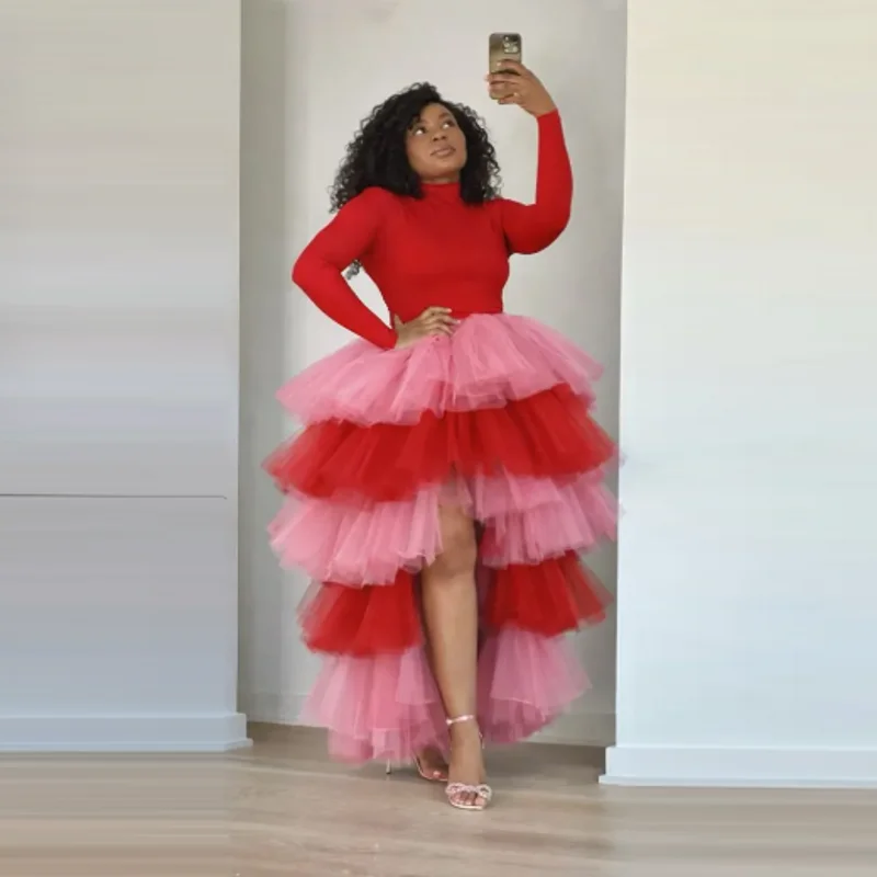 

Цветные многослойные розово-красные юбки на заказ, женские длинные высокие низкие вечерние юбки, тюлевая юбка с рюшами, пышный эластичный пояс