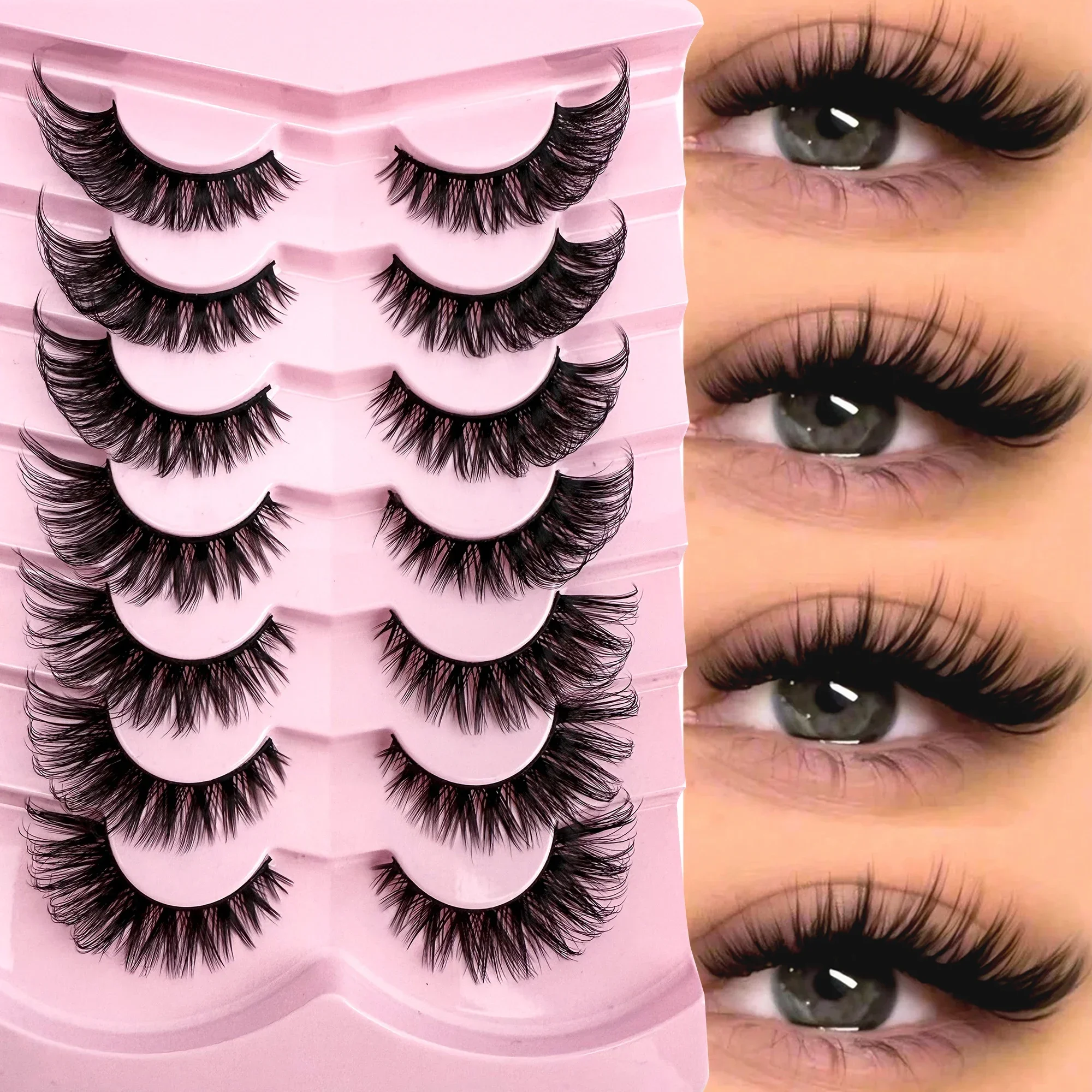 7 Pairs 6D Wispy Fox Eye Lashes Faux Mink Fluffy Winged Cat Eye False Eyelashes Hard Strip Reusable Party Stage Makeup