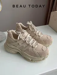 BeauToday Platform Sneakers Women Mesh Solid Color Breathable Trainers Lace-up Round Toe Thick Sole Ladies Shoes Handmade 29462