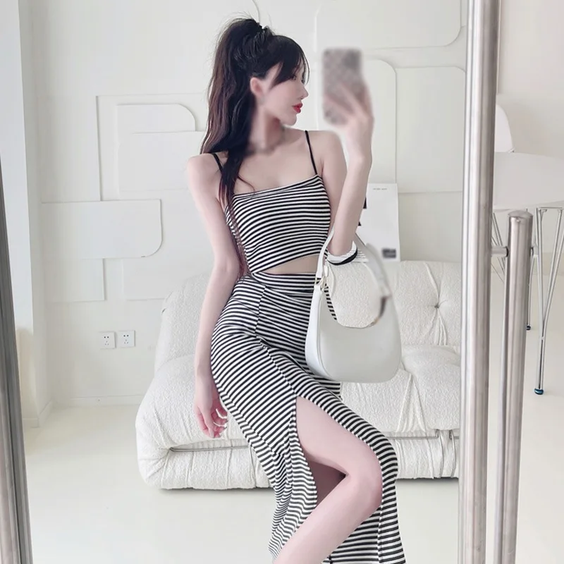 Women\'s Stripe Exposed Navel Sling Top Sexy Ankle-Length Slim Split High Waist Skirt Two-Piece Set