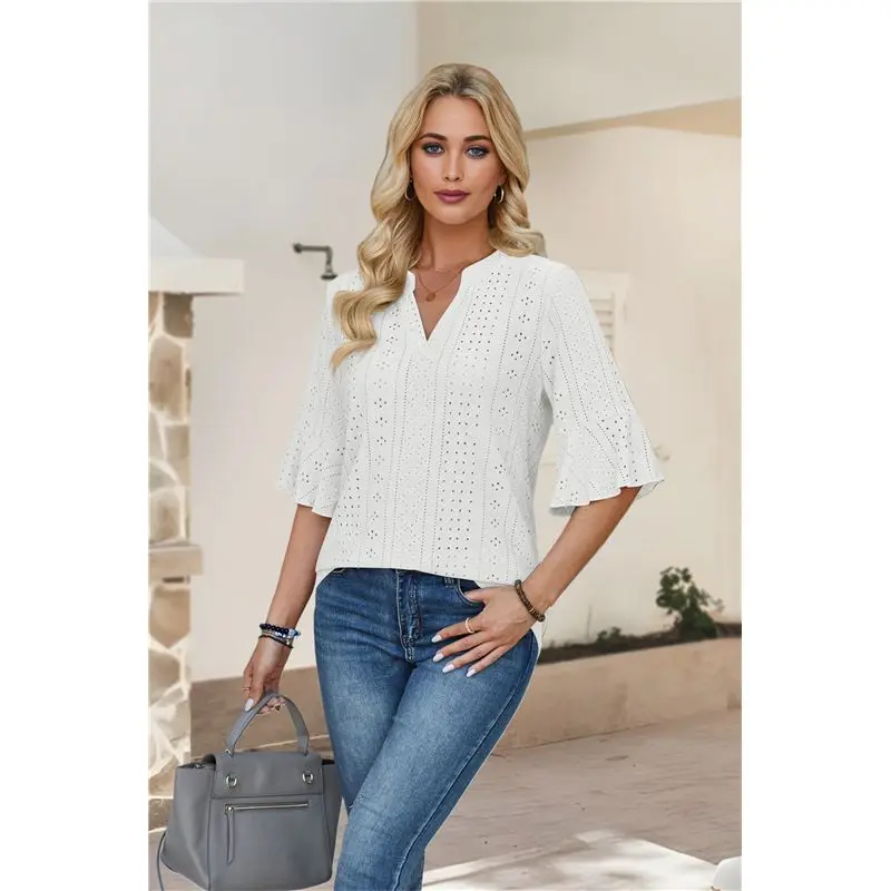 CYL-Plus-Size-Tops-For-Dames Chic V-hals 3/4 Lengte T-shirts met ruches aan de mouwen Trendy Casual losse blouses