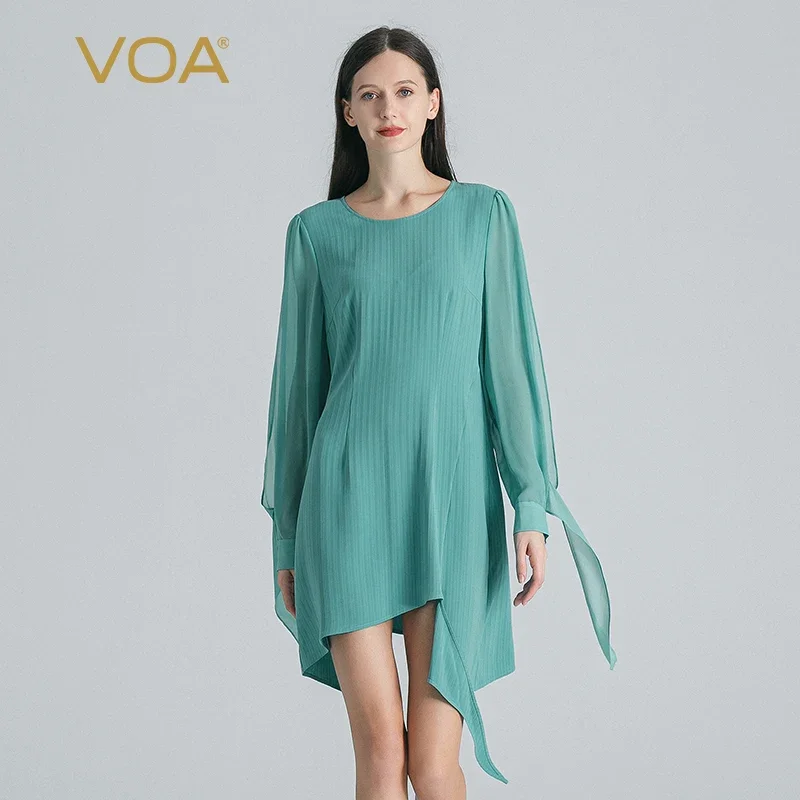 (Fans Exclusive Discount) VOA Blue Heavyweight Silk Striped Dresses Women O-neck Shirt Long Sleeve Straight Mini Dress AE1807