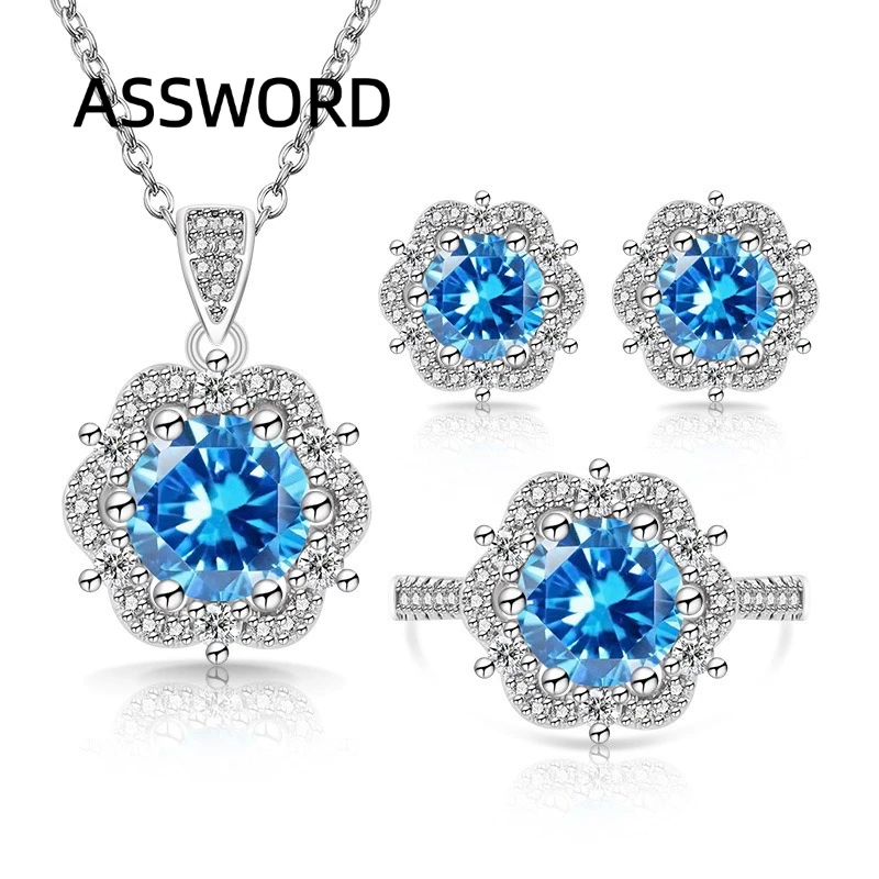925 Sterling Silber Blumenform CZ Schmuckset Damen Anhänger Halskette Ohrstecker Verstellbarer Ring Brautschmuck Hochzeitsgeschenk – Detail 4