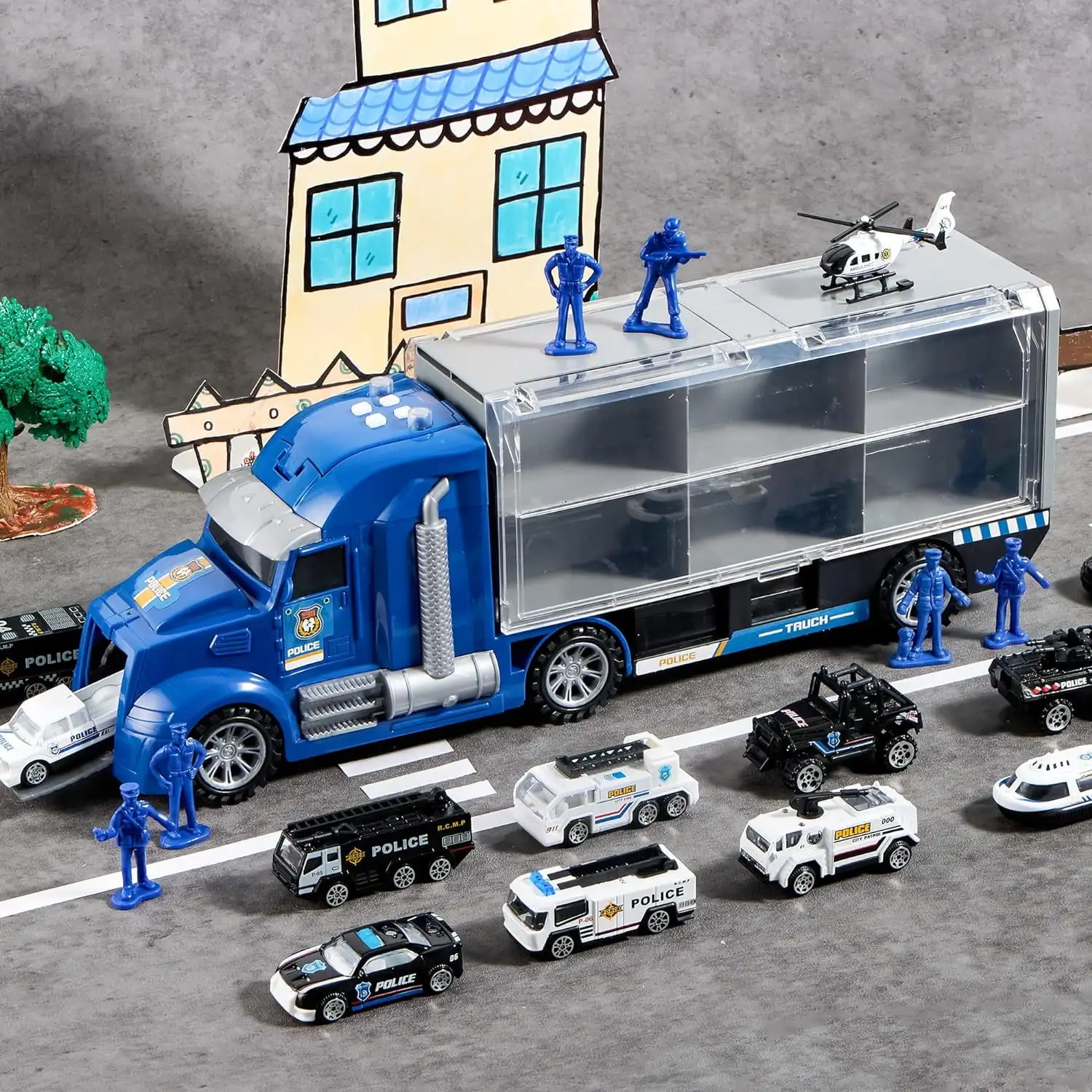 Joyfy 25 in 1 Die-cast Police Rescue Big Truck Toys Car Transporter Storage Truck with Sounds Lights  for Toddlers Birthday Gift