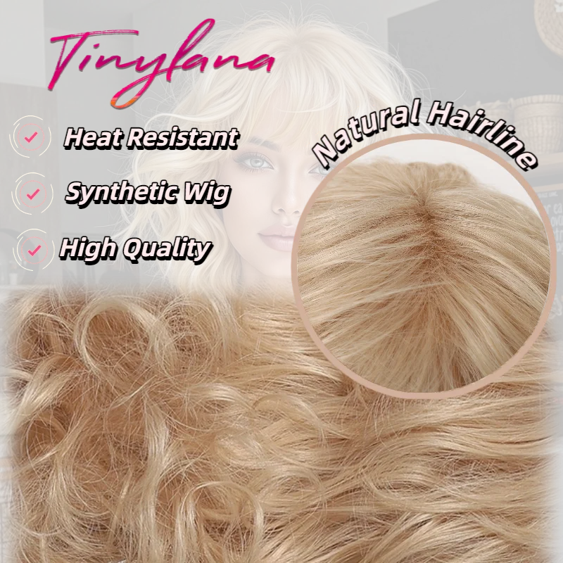 Golden Blonde Short Wavy Synthetic Wig with Bangs for Women Heat Resistant Hair for Daily Party Fashion Halloween Cosplay