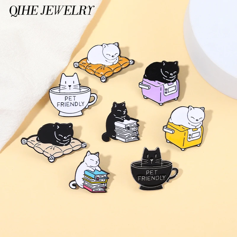 Kawaii Kitties Enamel Pins Lazt Cats lying Cup Box Book Brooches Backpack Lapel Badges Jewelry Accessories Gifts For Friends