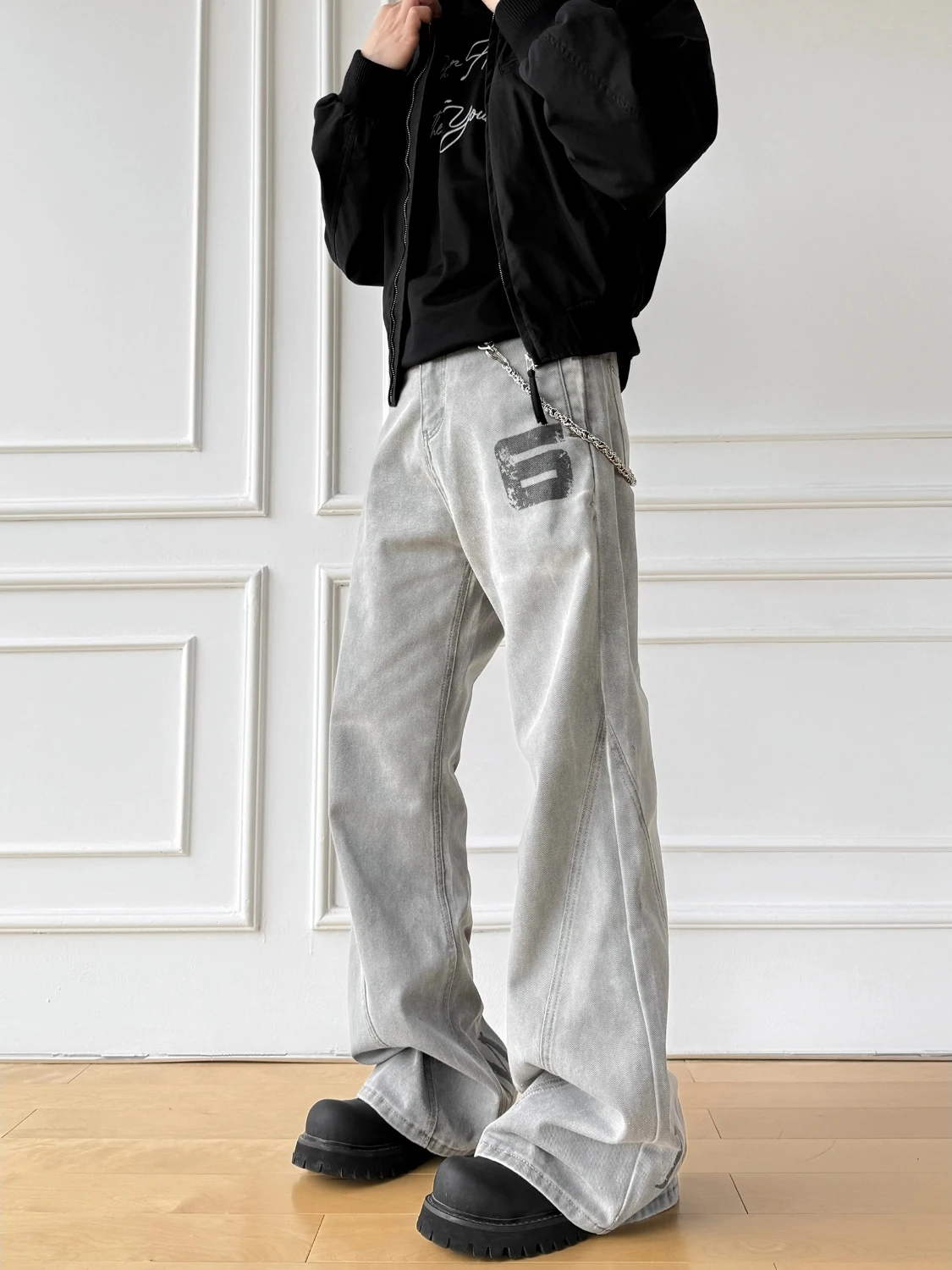 

Smoky Grey Washed Print Men's Flared Jeans CleanFit Knife Pants mid Waist Straight Leg Casual Youthful Trend All Seasons