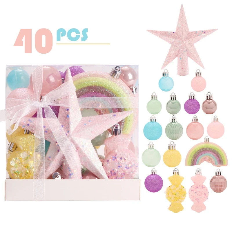 ชุดลูกบอลตกแต่งต้นคริสต์มาสสีรุ้ง1ชุดลูกบอลแบบแขวนดาวแตก + ท็อปเปอร์ต้นคริสต์มาส