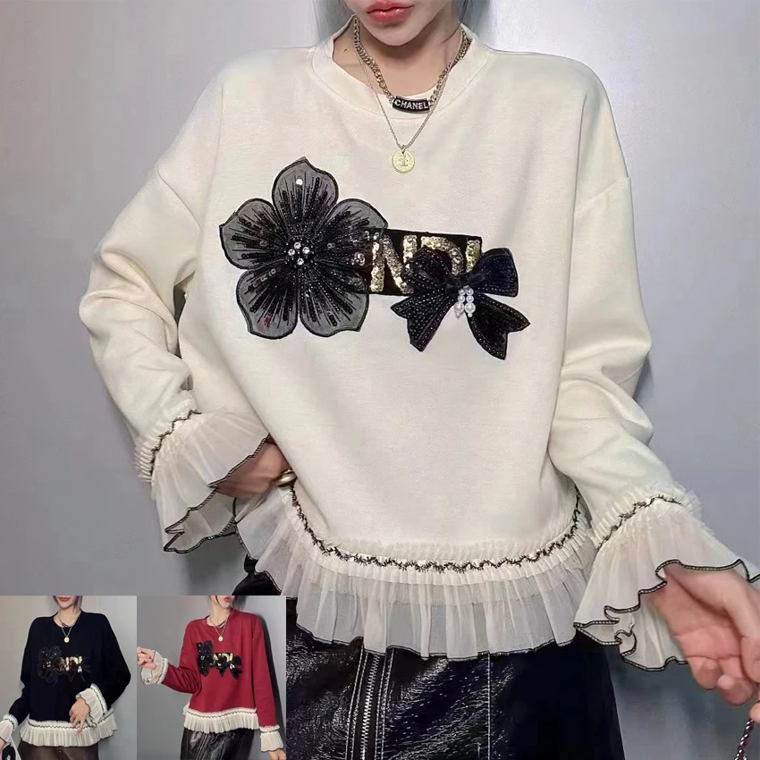 

Floral Beading Patchwork Women's Hoodies Autumn New Korean Fashion Ruffles O-Neck Long Sleeve Loose Casual Pullovers Sweatshirts