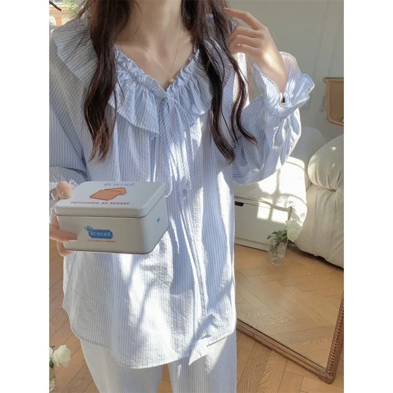 2024 New Spring Autumn Pajamas 2 Piece Set Women Korean Gentle Stripes Comfortable Long Sleeve Pants Suit Leisure Loose Homewear