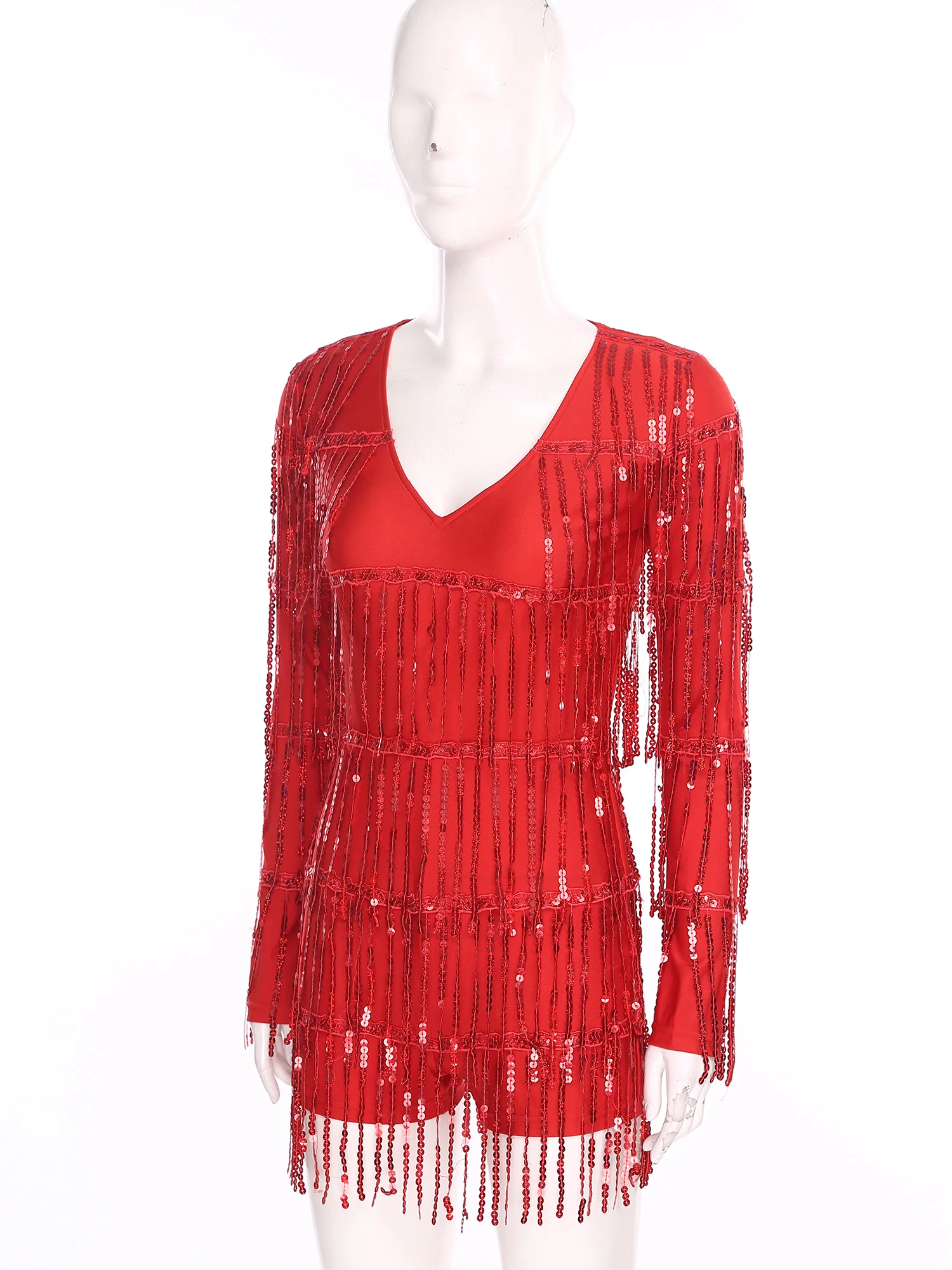 Mulheres brilhantes franja bodysuits para jazz latino cha-cha samba rumba tango vestidos de dança com decote em v manga longa em camadas borla macacão