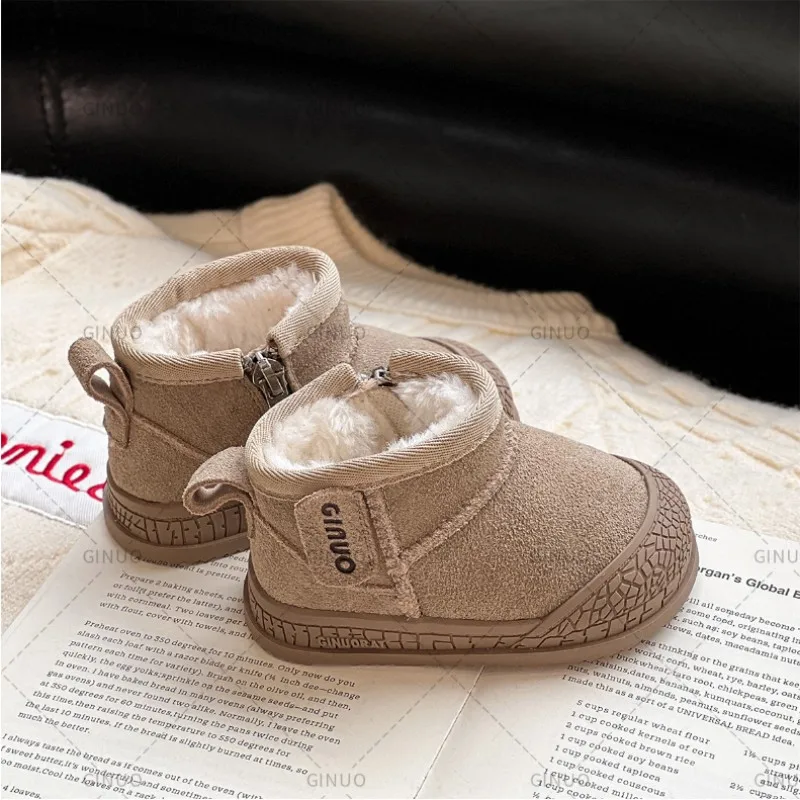 2024 New Winter Baby Snow Boots Leather Warm Plush Infant Shoes Zip Side Soft Sole Fashion Toddler Boys Girls Boots 15-30