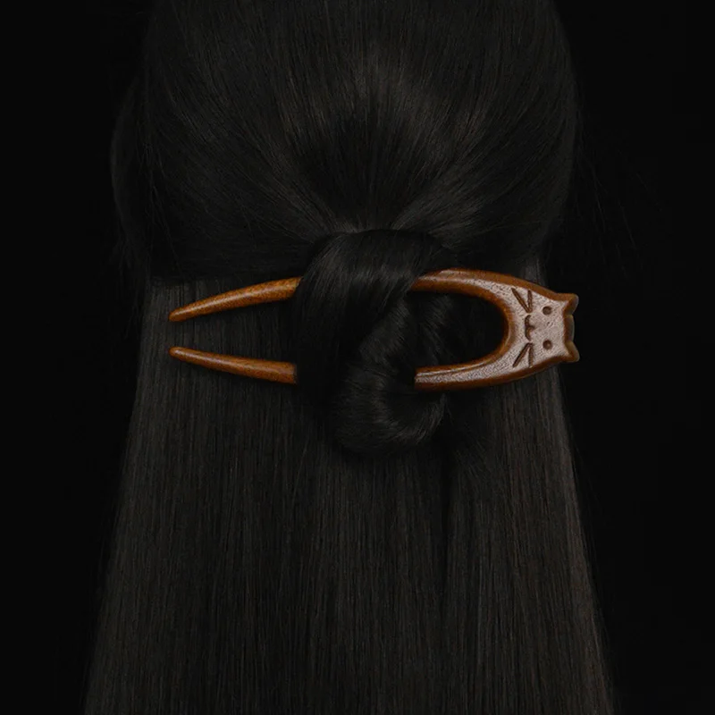 Retro Wooden U‑Shape Hair Fork, Cute Cat Pattern Hair Stick, Elegant Hanfu Hairpin for Women Girls Daily Hair Decoration