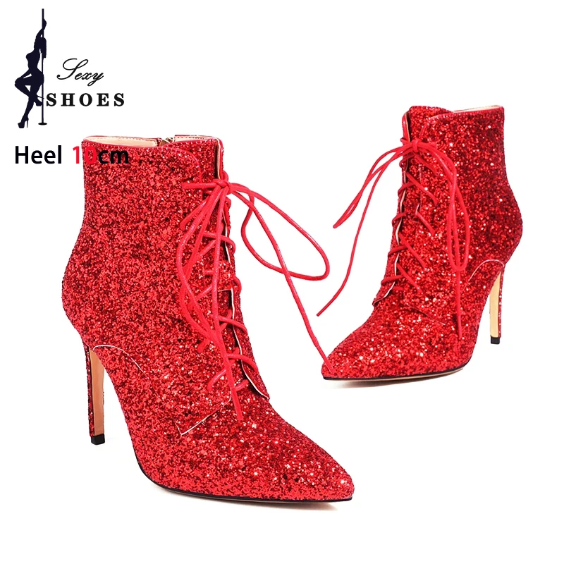 Autumn Winter Party High Heeled Shoes Short Pointed Boots Big Size Gold Silvery Red Stiletto Heels Lace Up Sequined Ankle Boots