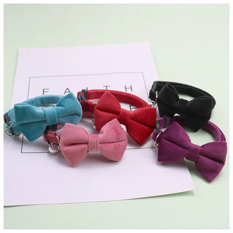 

Velvet Cat Collar Solid Color Bowknot Puppy Chihuahua Collars with Bell Adjustable Safety Buckle Cats Bow Tie Pets Accessories