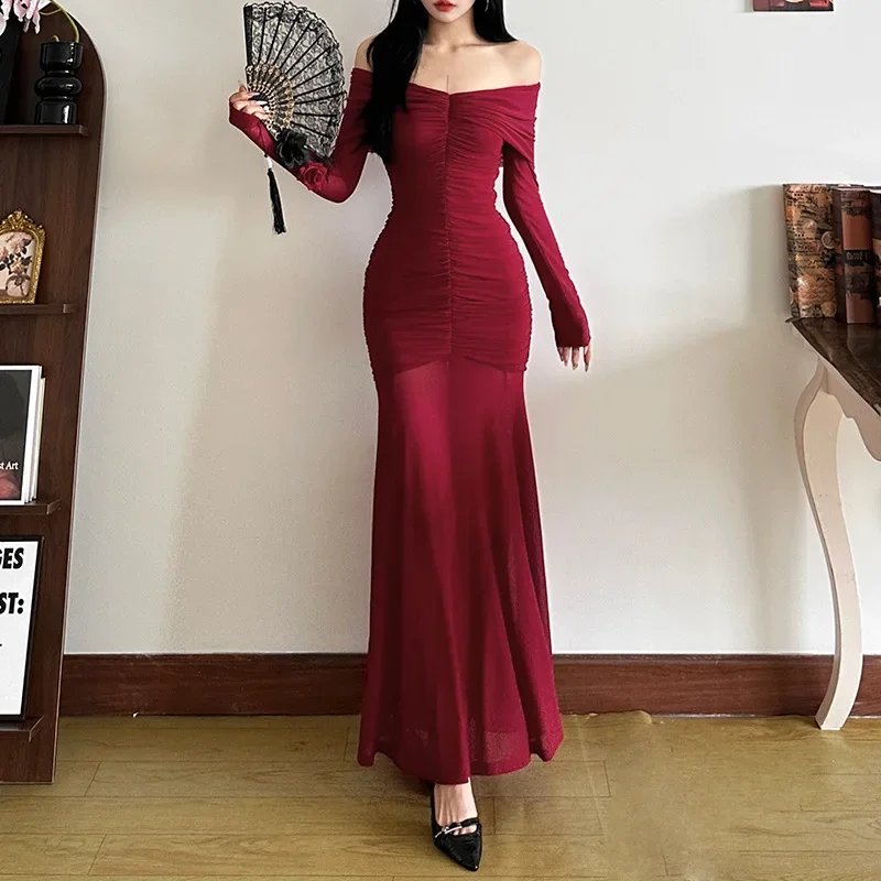 Fashion Trend Autumn Winter New Women\'s Dress Solid Color Temperament Sexy One-Line Collar High Waist Waist Dress Women