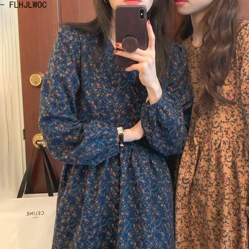 Hot Sales Korean Chic Sweet Mori Girl Lace up Basic Wear Retro Floral Print Long Robe Women Dress