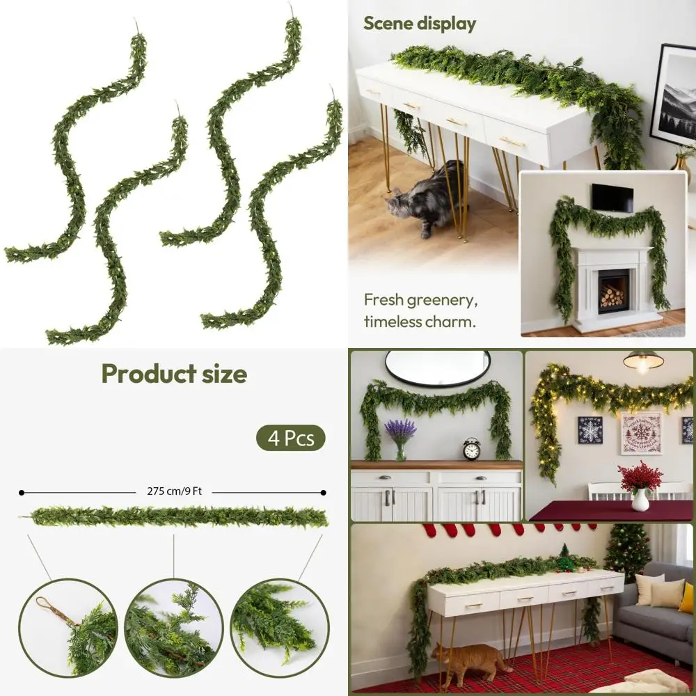 

Artificial Norfolk Cedar Garlands, 4-Piece Set, Real Touch Winter Greenery for Home Decor, Table, Mantle Enhancement