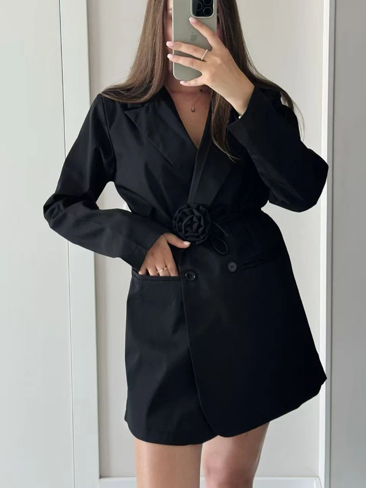 

FSMG Fashion 3D Flower Belt Loose With Pockets Long Sleeve Coat Elegant Notch Collar Single Button Blazers Casual Office Jacket