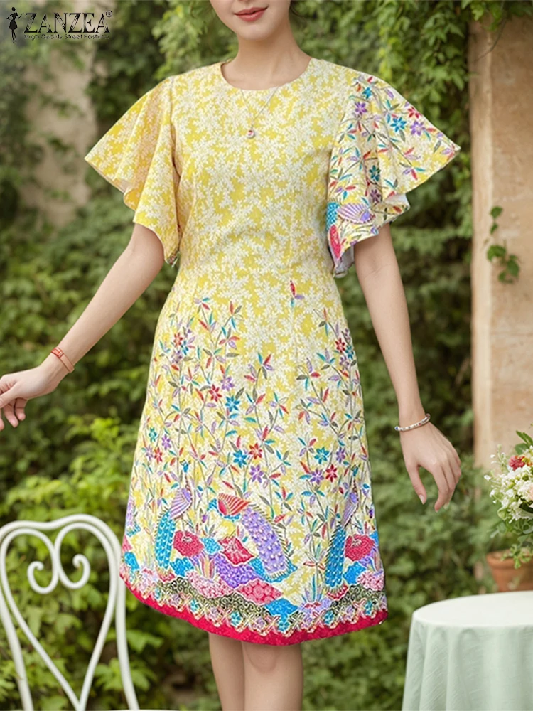 

Knee-Length Elegant Office Dress Women Vintage Printed Sundress Fashion Ruffled Sleeve Robe Casual A-Line Vestidos 2025 ZANZEA