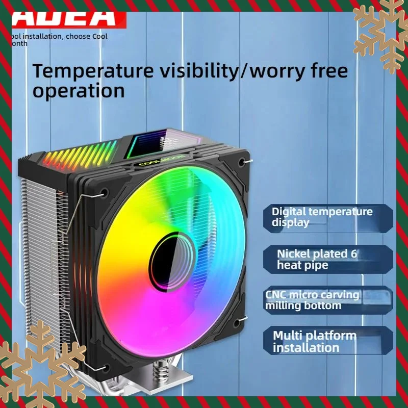 

A CPU cooler with six copper pipes and temperature display, featuring ARGB sync, compatible with AMD and Intel platforms.
