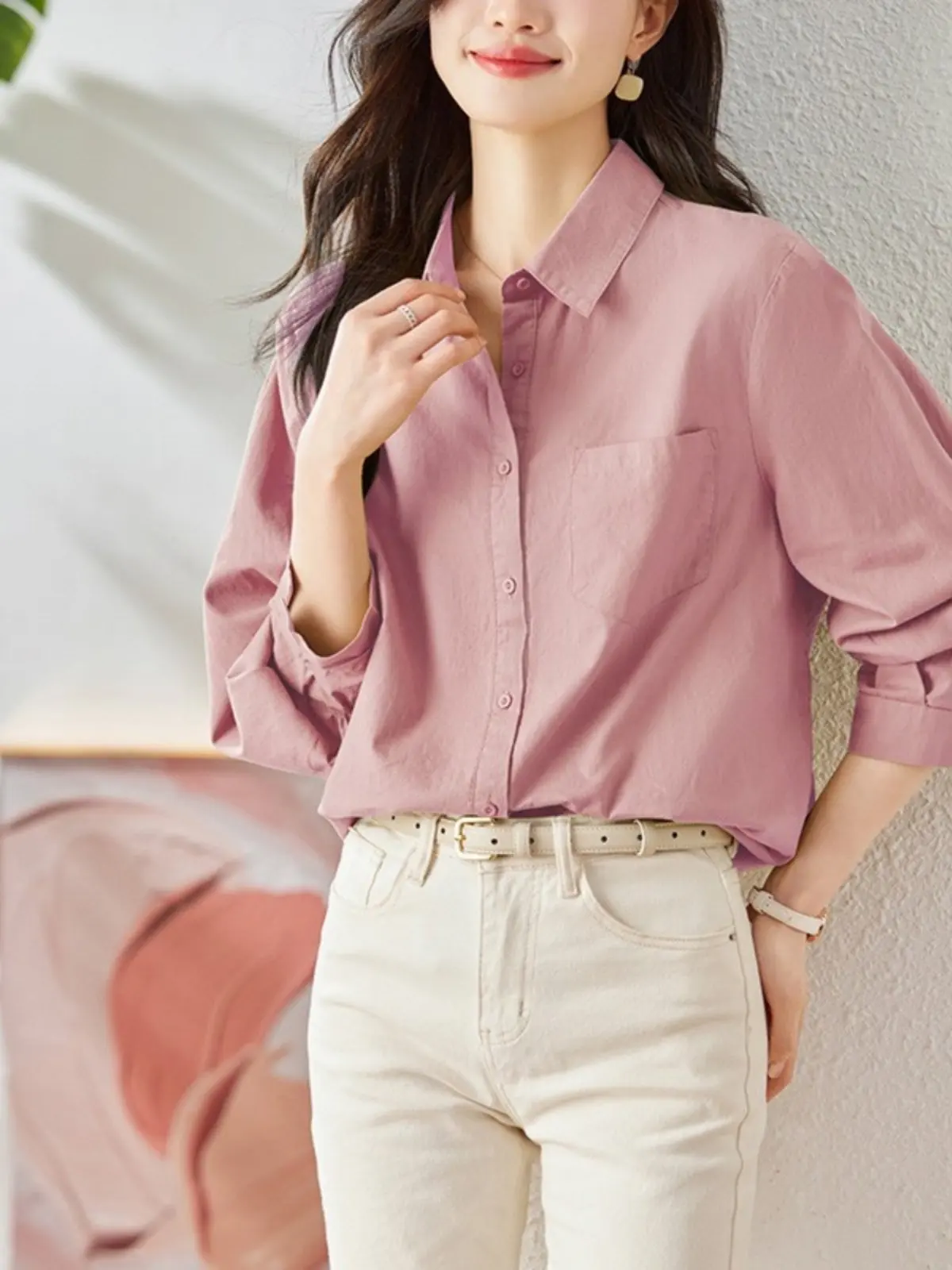 

Весна 2026: Женская повседневная свободная рубашка с длинным рукавом, воротником, защитой от сминания, профессиональный стиль, полиэстер, для работы и повседневной носки