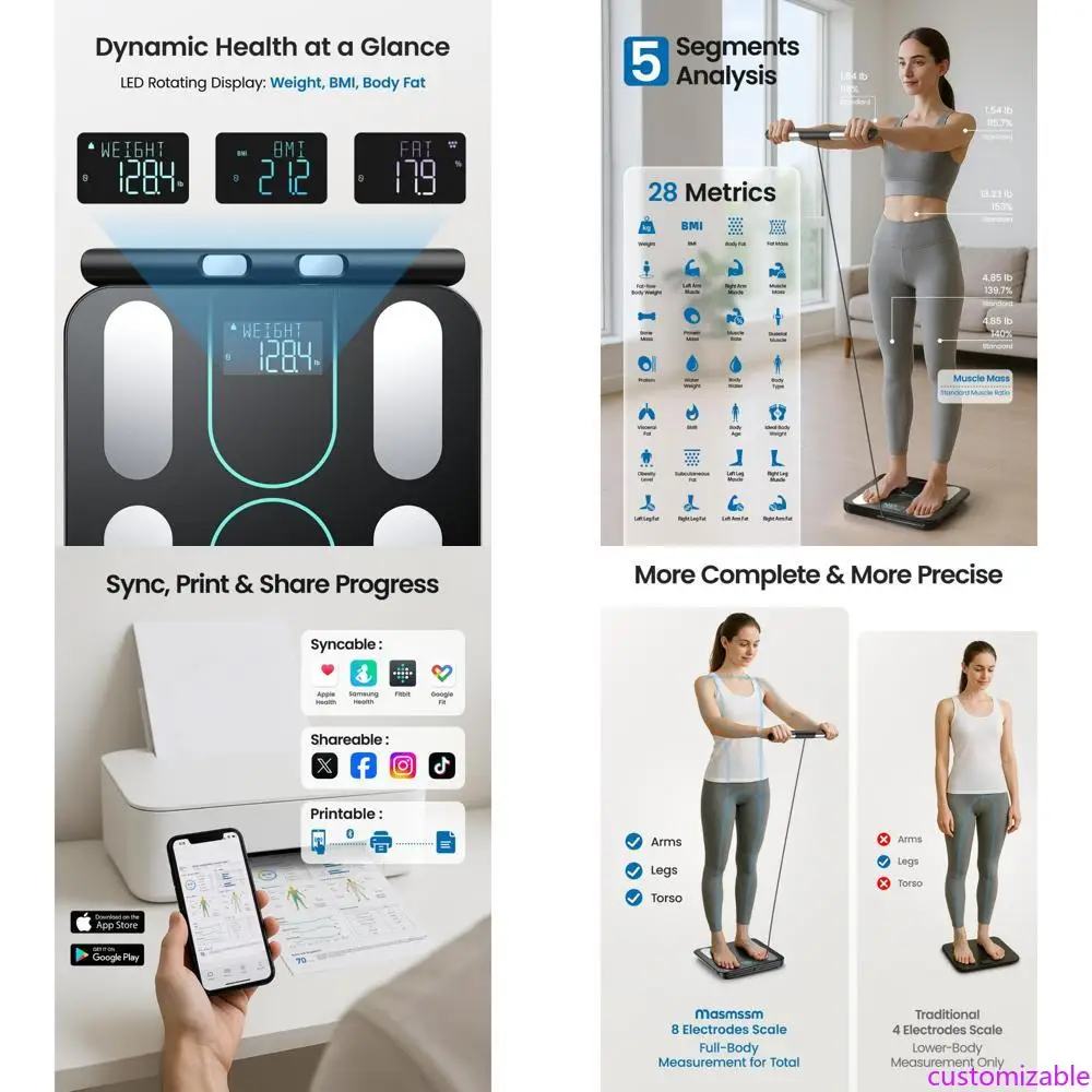 

Eligible для FSA и HSA, цифровые весы для ванной комнаты с 8 электродами, обеспечивают 28 измерений тела, двухчастотная технология BIA