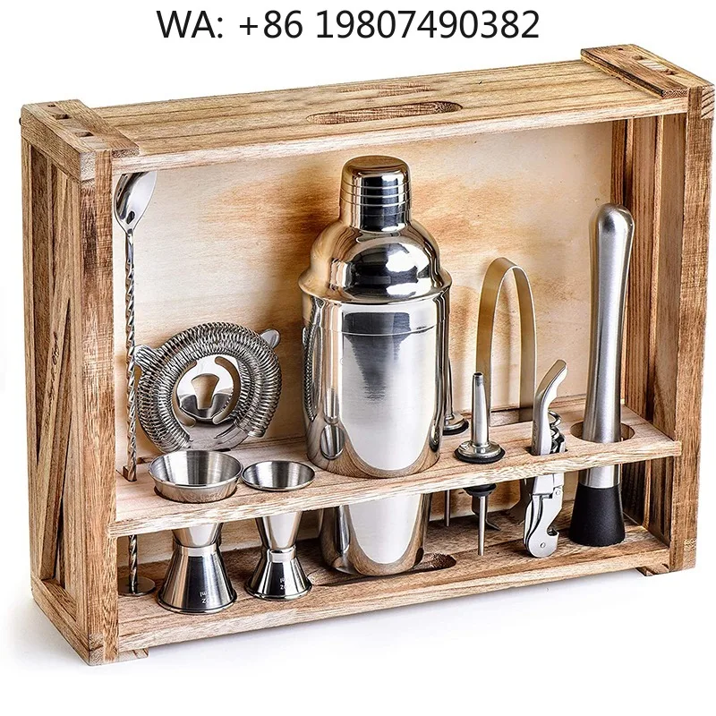 11pcs Wooden Gift Box Bartender Kit, Stainless Steel Boston Cocktail Shaker Full Mixing Tools Rustic Wood Stand Gift Bar Supplie