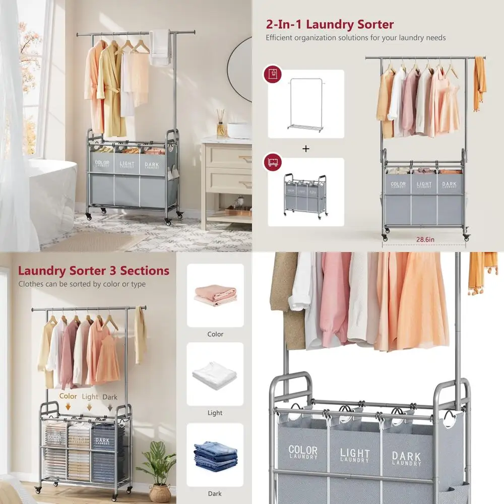 

3-Section Rolling Hamper with Hanging Bar and Lockable Wheels, Heavy-Duty Laundry Sorter for Bedroom in Gray