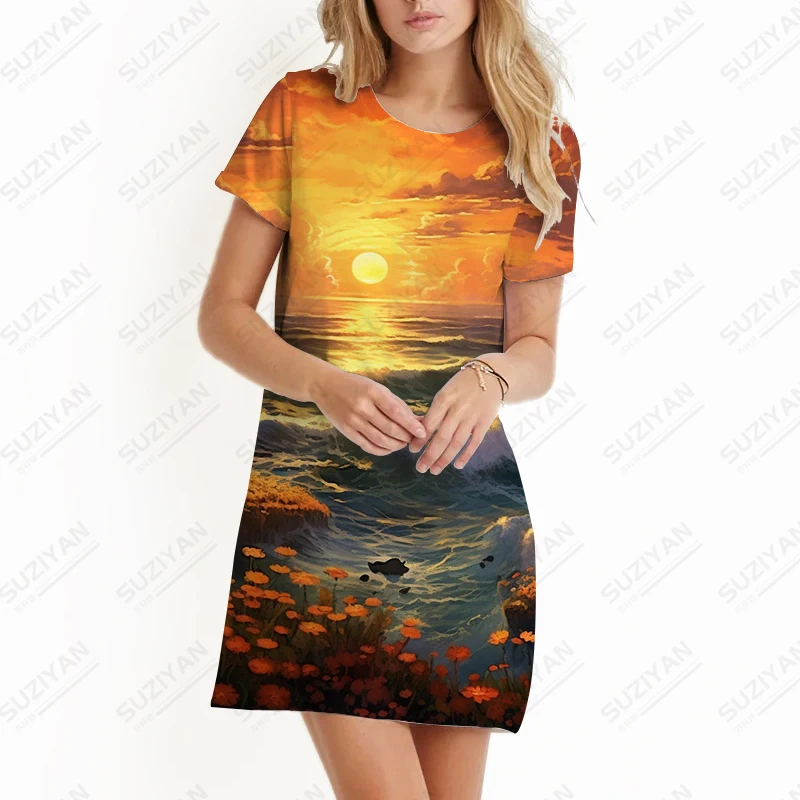 

Summer new ladies dress, flower sea sunset, 3D printed lady dress casual style ladies dress fashion trendy casual lady dress