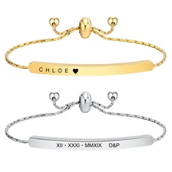 Personalized Engraved Bar Bracelet, Custom Name Coordinates Nameplated, Adjustable Chain Stainless Steel Jewelry
