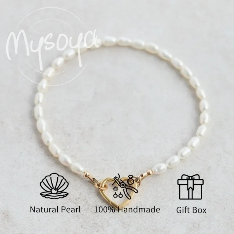 

MYSOYA 4-5mm Natural White Rice Shape Freshwater Pearl Bracelet For Women Men With Gift Box Wedding Birthday Christmas Gift