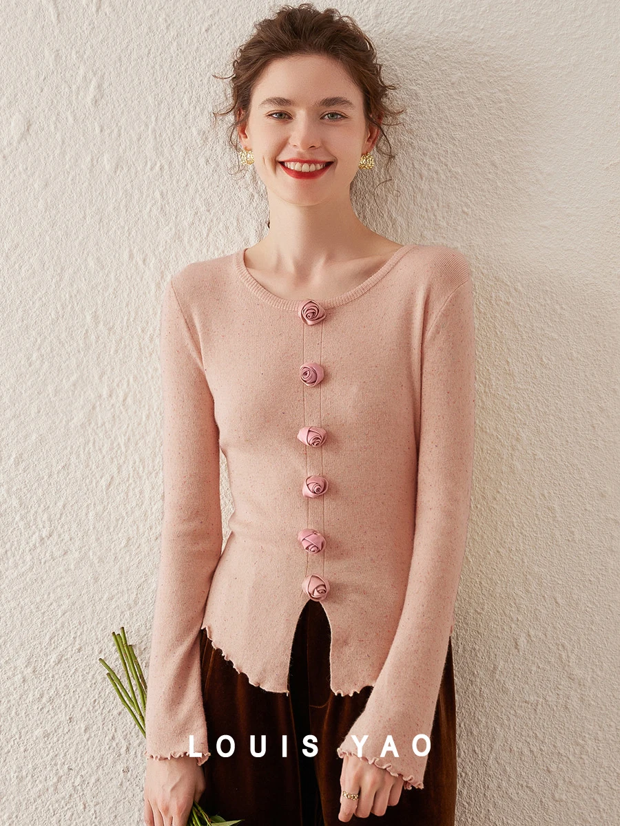 LOUIS YAO Women Knit Sweater 2023 Autumn Rose Decoration Silm Long Sleeve Round O Neck Pullover Women Tops