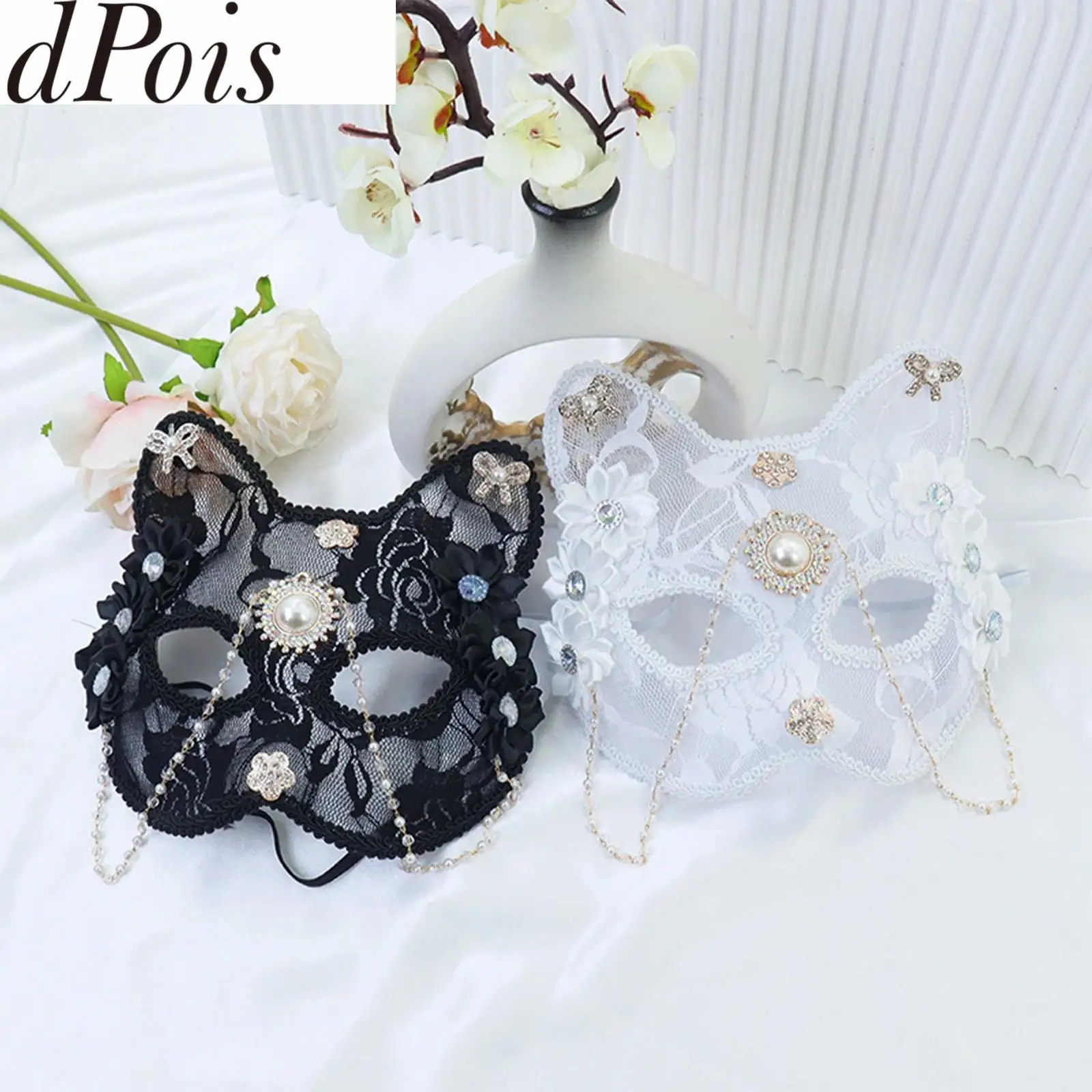 

Sexy Women Lace Mask Cat Cosplay Exquisite Lace Fake Jewelry Flower Tassel Fox Mask Animal Face Mask Masquerade Ball Fancy Mask