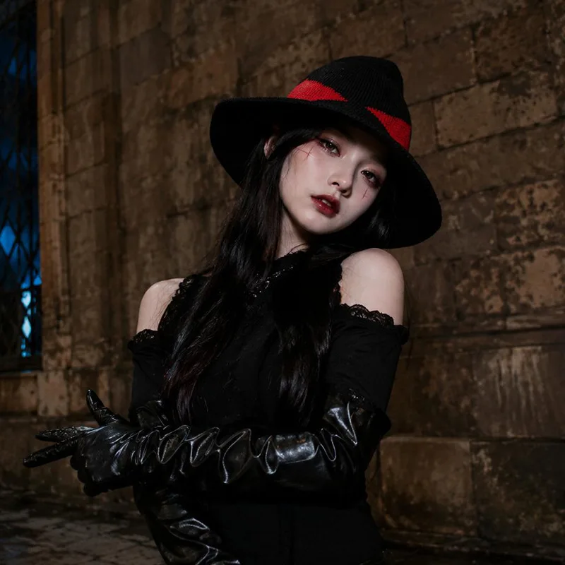 Halloween Party Color‑Block Wizard Hat, Dark Style Knit Witch Hat, Anime Cosplay Costume Hat