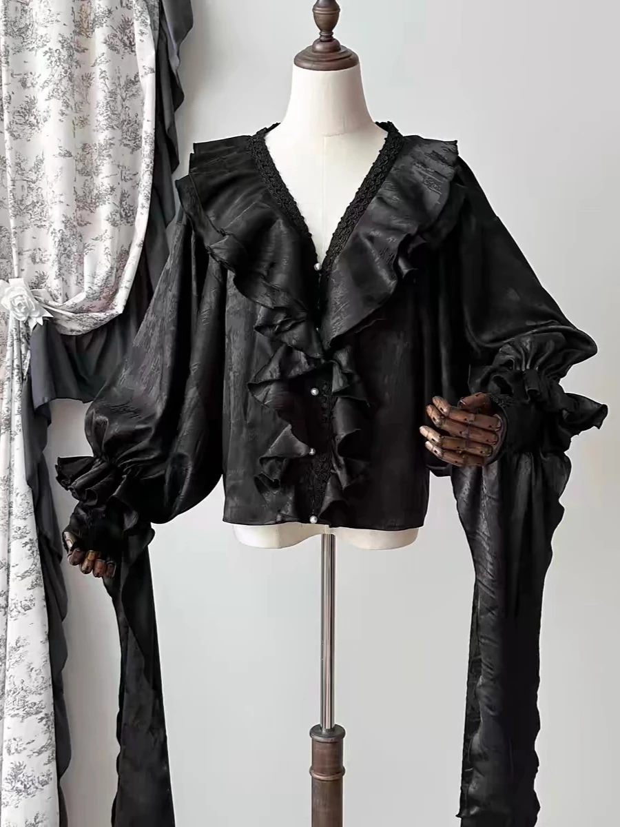 

2026 Japanese Y2K Kawaii Lolita Blouse Ruffle Sleeve Lace Trim Peter Pan Collar Bow Front Vintage Victorian Party Patchwork Tops