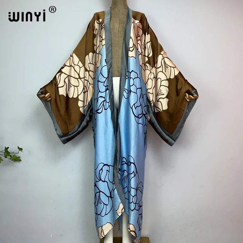 WINYI Kimonos Women Classic flower printing Bikini Cover-ups Elegant Long Sleeve Cardigan Loose beach Sexy Covers party kaftan