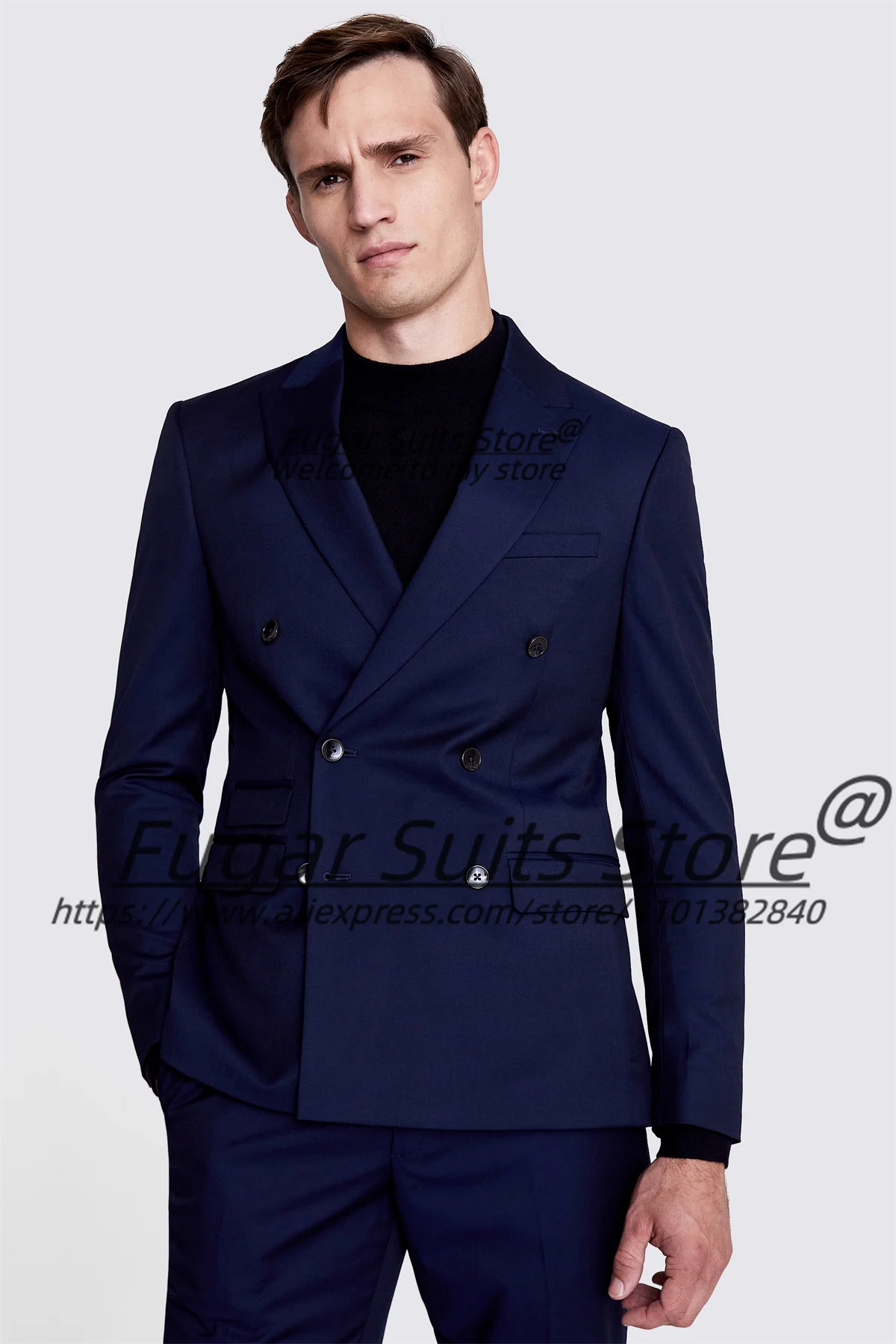 

Royal blue Elegant Men Suits Costume Made Slim Fit Double Breasted Groom Tuxedos 2 Pieces Sets Handsome Male Blazers Ropa Hombre