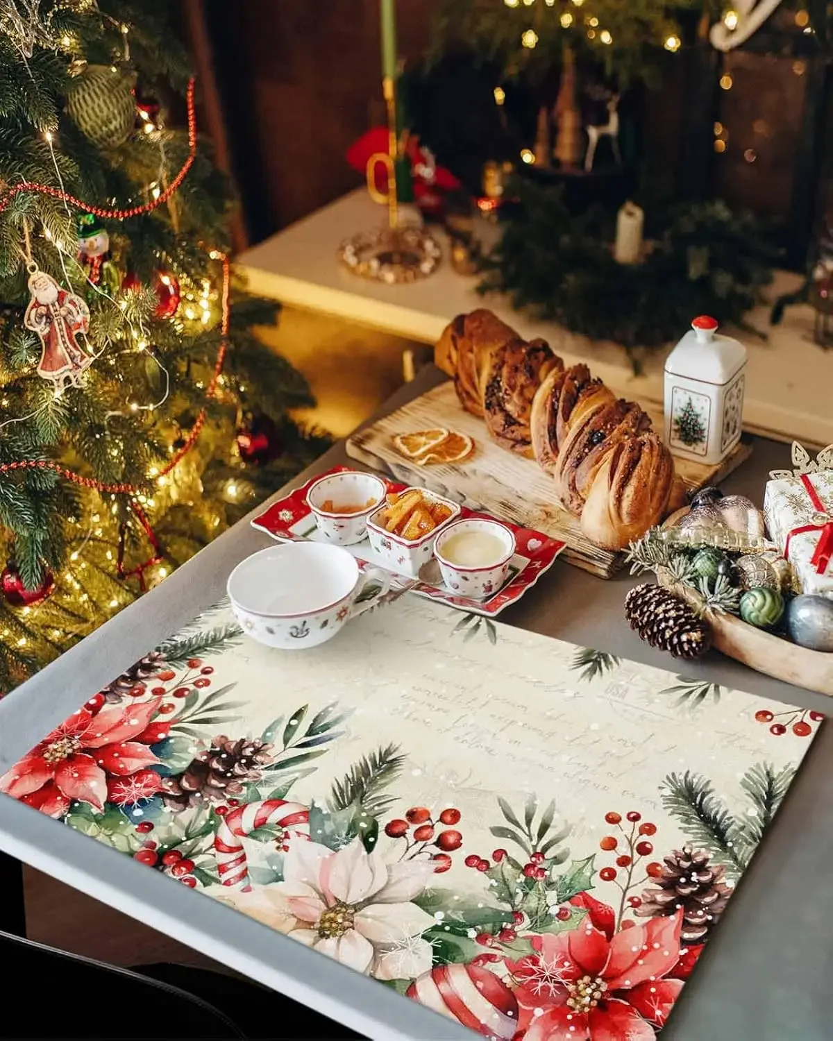 Merry Christmas Poinsettia Berries Placemats table Decor Washable Winter Xmas Pinecone Branches Table Mats Christmas Decorations