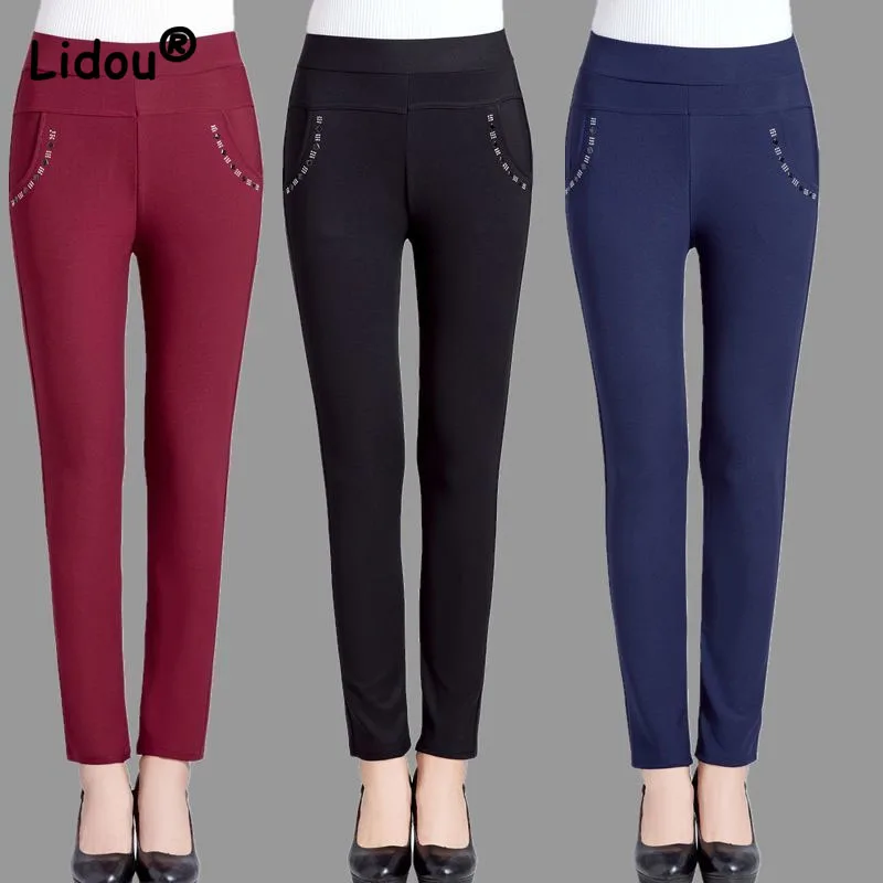 

High Elasticity Tight Fitting Middle Age Women's Ankle-length Pants Multiple Colors Diamond Inlaid Design Plus Size 5XL Solid